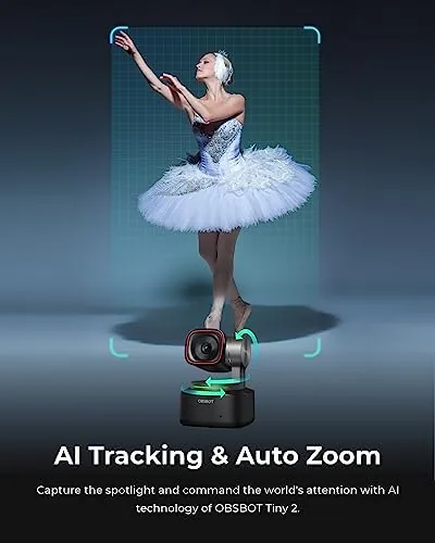Detail shot of the OBSBOT Tiny 2 Webcam 4K Voice Control PTZ, AI Tracking features