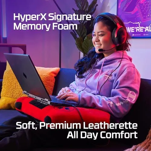 Close up of the red stitching and HyperX branding on the ear cup