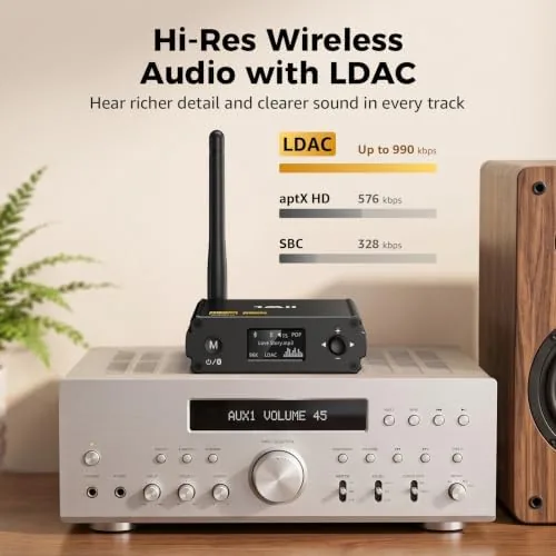 Detail shot of the 1Mii DS220 Bluetooth Receiver for Home Stereo, Hi-Res LDAC & features