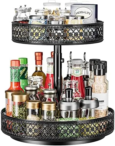 2 tier lazy susan organizer loaded with spices and jars