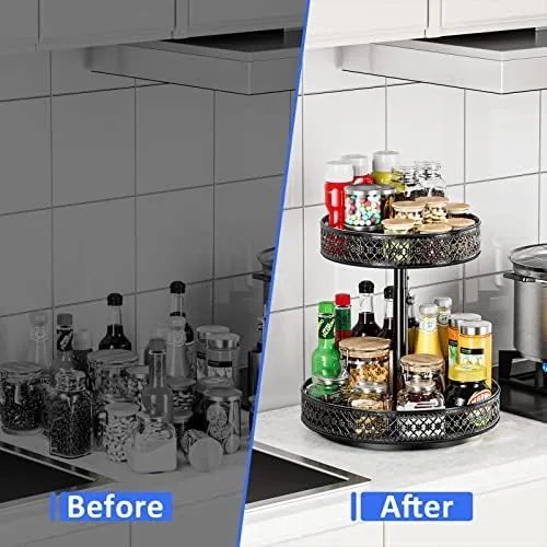 The 2 tier organizer beside a flat single tier lazy susan