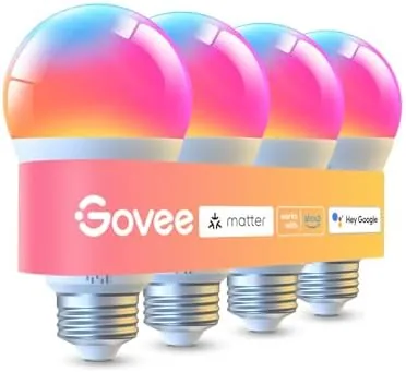 A Govee 1000LM RGBWW bulb glowing warm white in a lamp