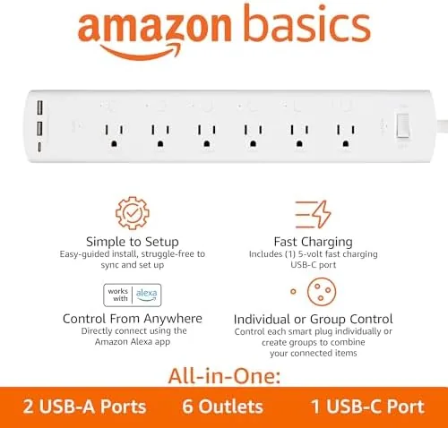 Close up of the six outlets and the USB port cluster at the end