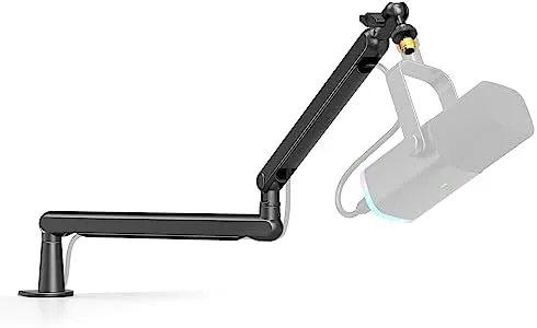 FIFINE BM88 boom arm clamped to a desk with a microphone attached