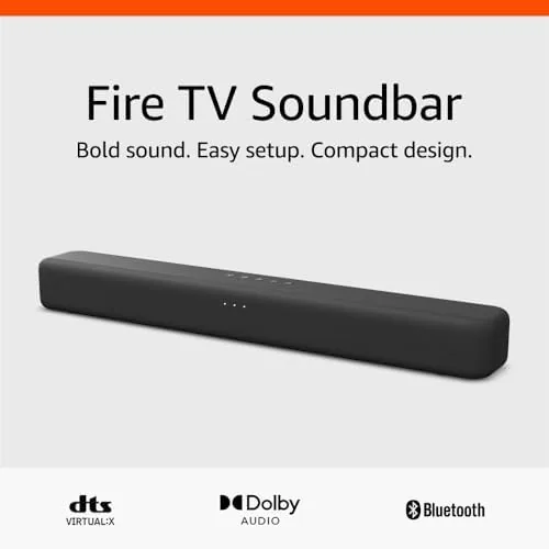 Front view of the Amazon Fire TV Soundbar sitting beneath a television