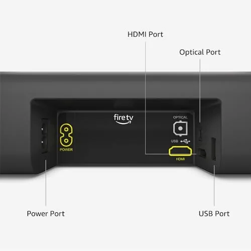 Amazon Fire TV Soundbar placed in a bright living room under a mounted television