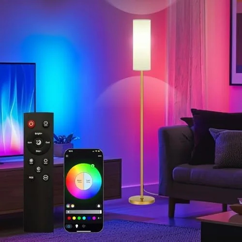 The Qaubauyt gold smart LED floor lamp standing in a modern living room corner
