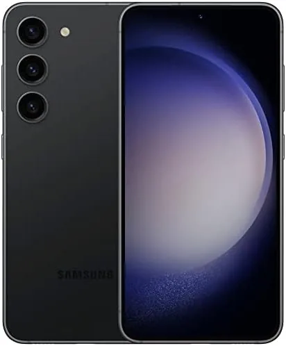 The renewed Samsung Galaxy S23+ Phantom Black lying on a desk with the display lit
