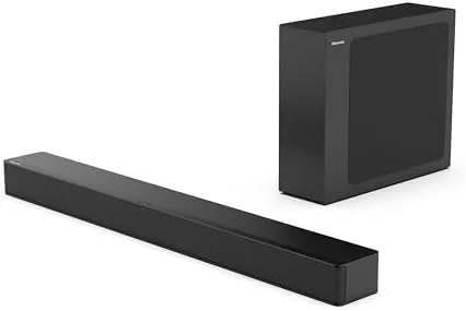 The Hisense HS2100 soundbar and wireless subwoofer set up in front of a television