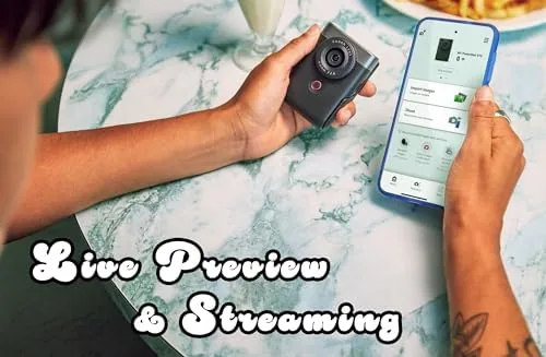 The camera's live streaming interface showing a framing preview during a test stream