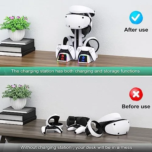 The dock with a PS VR2 headset resting in the rear cradle