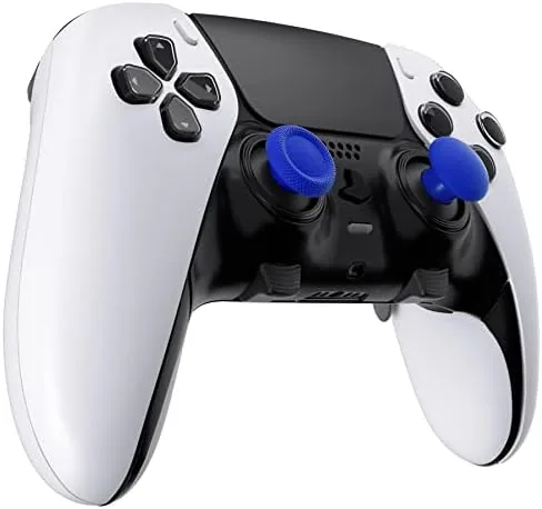 The customized controller with blue thumbsticks beside its case