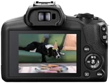 The EOS R100 being held in one hand for a street photography shot