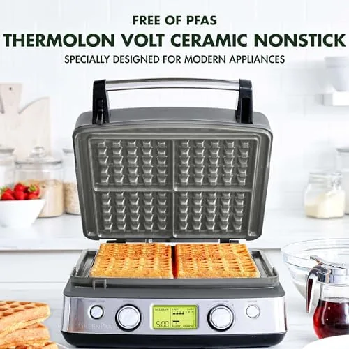 Close up of the ceramic nonstick plates and the hinge on the waffle maker