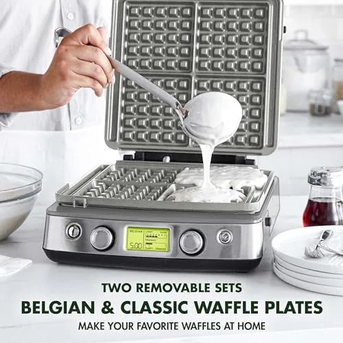 Batter being poured into the four square wells of the waffle maker