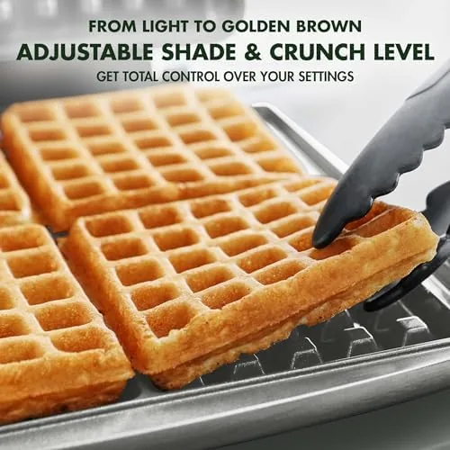 The four square waffle maker next to a single plate iron and a round Belgian machine