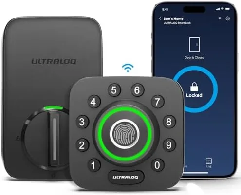 The ULTRALOQ U-Bolt Pro mounted on a front door with the keypad visible