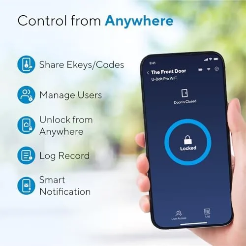 A hand touching the fingerprint reader on the smart lock