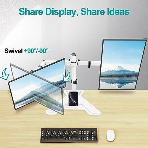 The MOUNT PRO Dual Monitor Stand, Free-Standing Full Motion Monitor Desk in real use