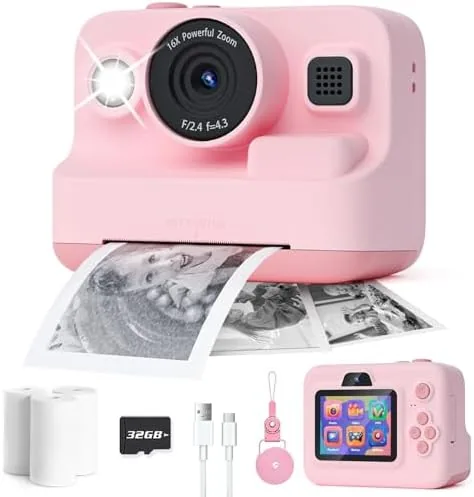 The pink Dylanto kids camera held in a child's hands