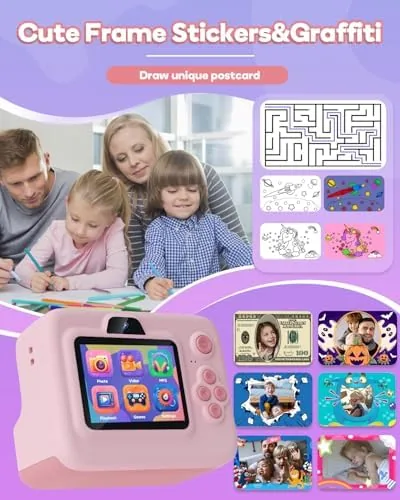 A thermal print sliding out of the side of the kids camera