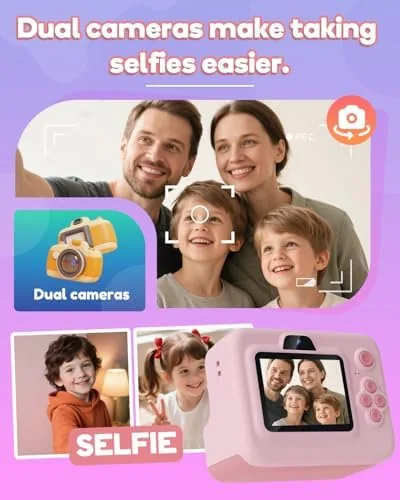 The Dylanto camera next to a plain kids digital camera and a tablet