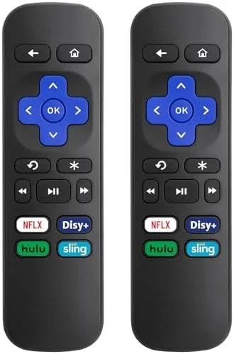 Two replacement Roku remotes side by side with a Roku box player