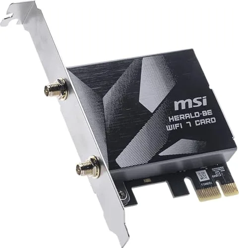 Detail shot of the MSI Herald WiFi 7 PCIe Card for Desktop PC BE9400 features