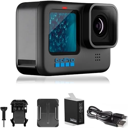 The GoPro HERO11 Black camera sitting on a rock beside a trail