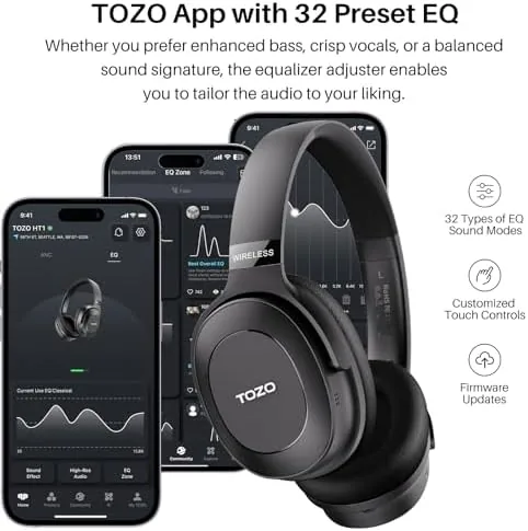Another view of the TOZO Hybrid Active Noise Cancelling Headphones, Wireless Over Ear Bluetooth