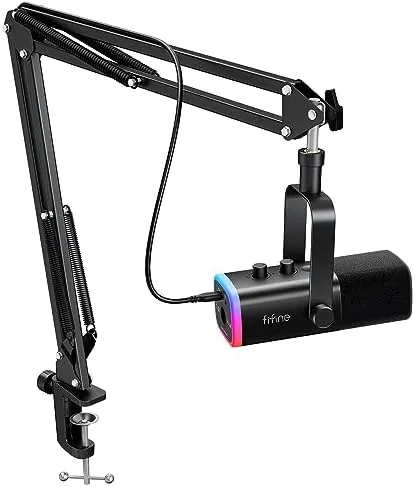 FIFINE AM8T dynamic microphone mounted on its boom arm over a desk