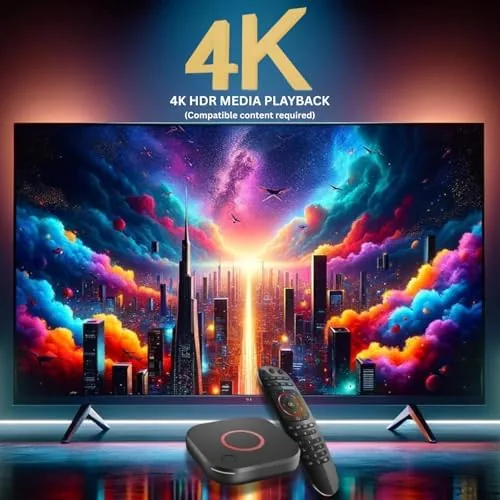 The MAG544w3 connected to a television showing a 4K media menu