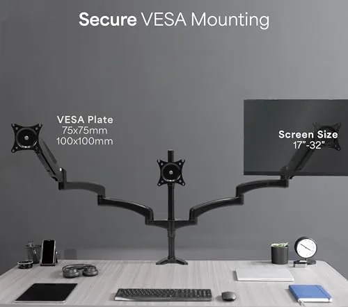 Another view of the VIVO Triple Pneumatic Monitor Mount for 3 Screens up to