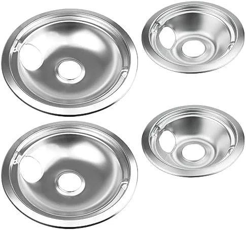Four chrome stove burner covers laid out with two 6 inch and two 8 inch sizes
