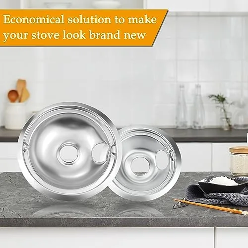 Chrome burner cover set compared beside a single original equipment pan