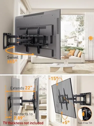 The television tilted at an angle on the Perlegear mount to reduce glare