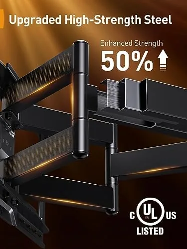 The mounted television folded flush against the wall on the Perlegear mount