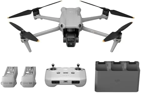 The DJI Air 3 drone with both camera lenses visible under its gimbal