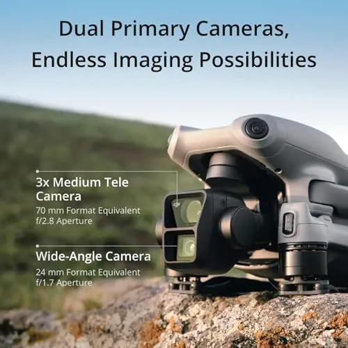 Close up of the Air 3 gimbal showing the wide and telephoto lens pair