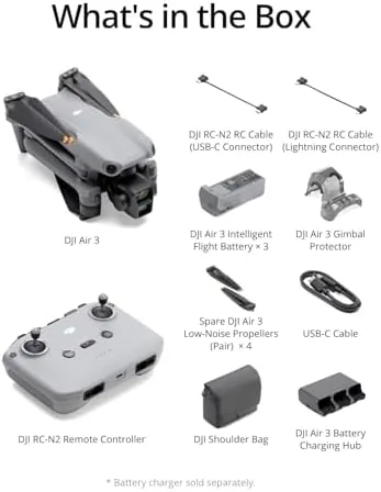 The Air 3 drone next to its three batteries and the charging hub