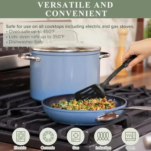 The Nuwave Duralon cookware set displayed beside a traditional nonstick set