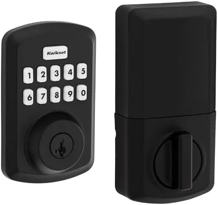 The Kwikset Powerbolt 250 keypad deadbolt in matte black mounted on a front door