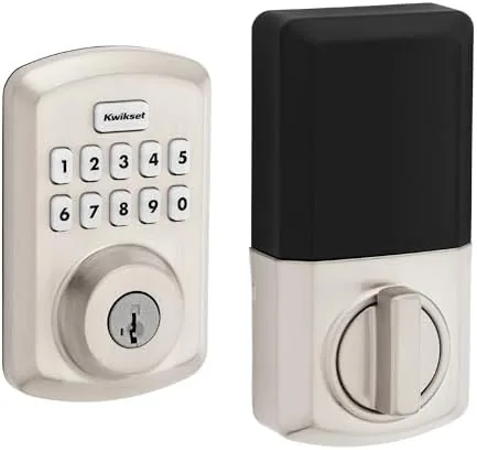 The Kwikset Powerbolt 250 keypad deadbolt in satin nickel on a painted door