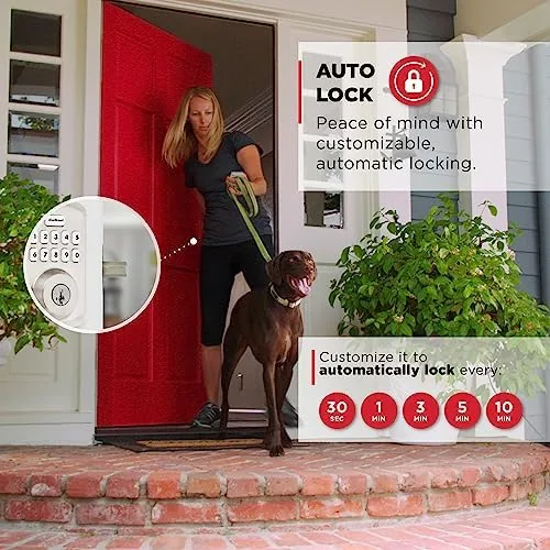 The Powerbolt 250 in satin nickel shown beside a traditional keyed deadbolt