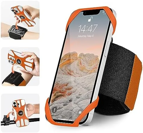 The 3in1 phone holder in orange with the sleeve and rotating mount visible