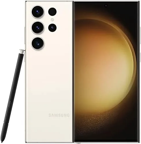 Renewed Samsung Galaxy S23 Ultra in Cream with the S Pen extended