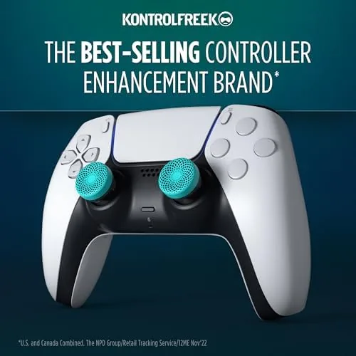 Close up of the Lotus thumbstick showing the concave face and teal and clear finish