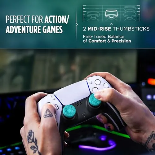 A player hand gripping the PS5 controller with the Lotus thumbsticks installed