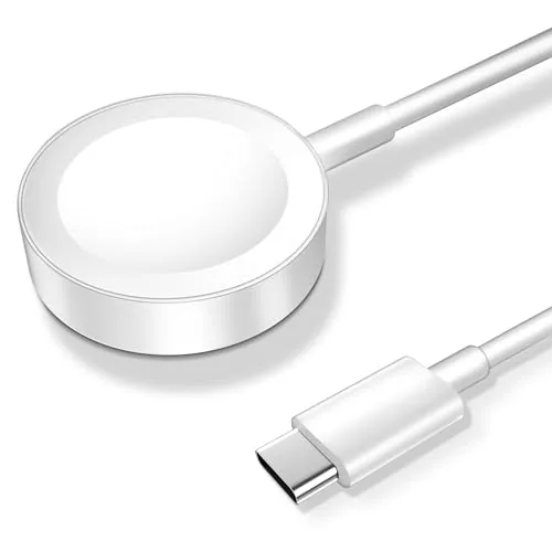 White magnetic USB-C charging cable for Apple Watch coiled on a desk