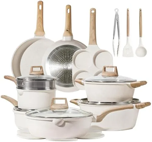 The CAROTE 21-piece cookware set arranged with its pots, pans, and lids